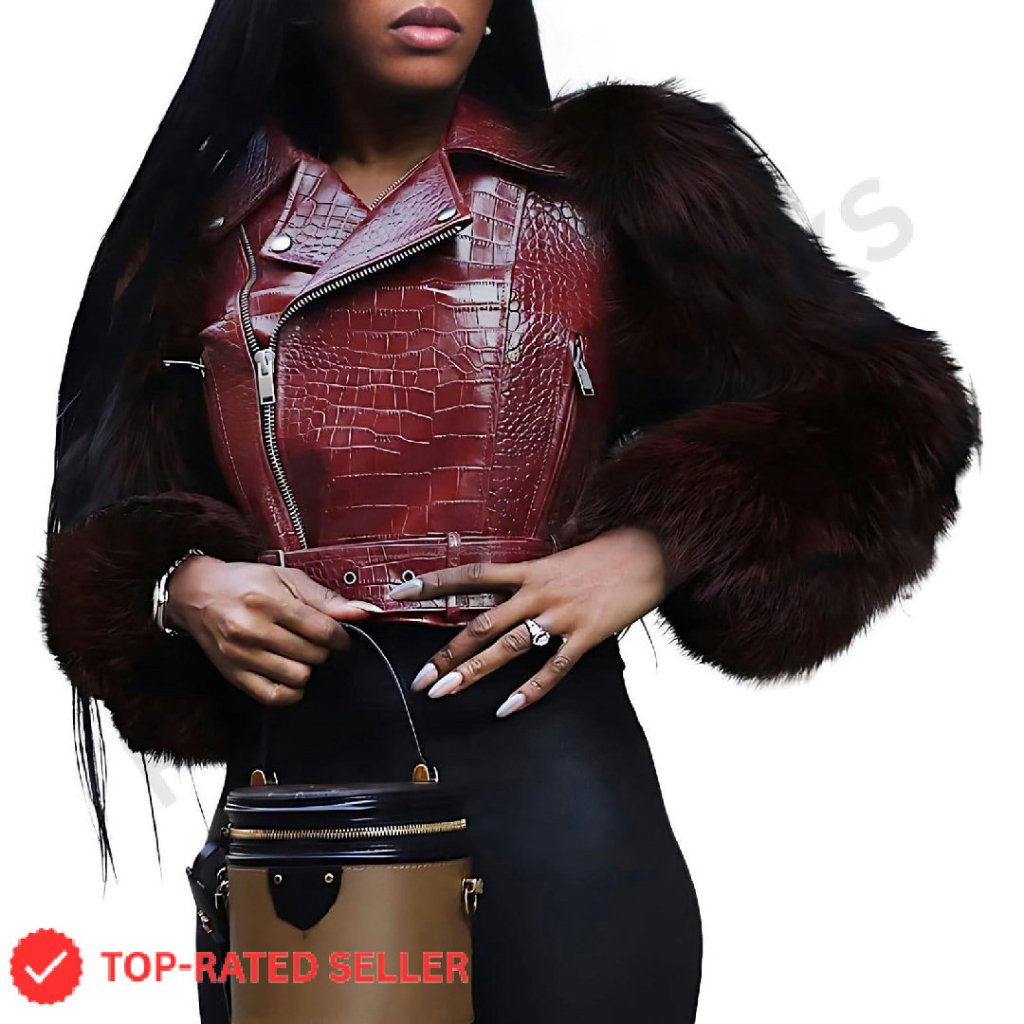 Cropped Moto Jacket Faux Fur Sleeves Pu Leather Biker Chic Y2k Streetwear